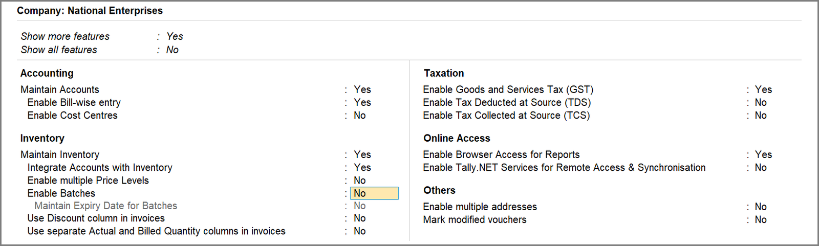 TallyPrime company features with batch and expiry date options enabled