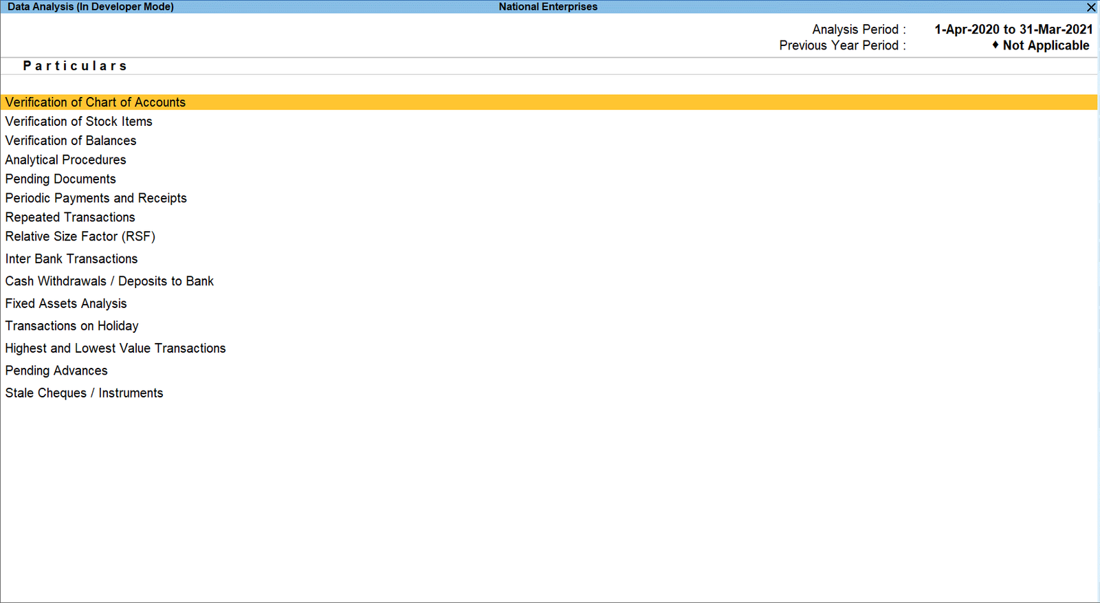 TallyPrime data analysis and verification screen listing account checks
