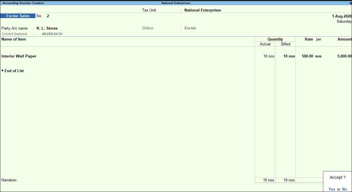 TallyPrime sales invoice entry screen