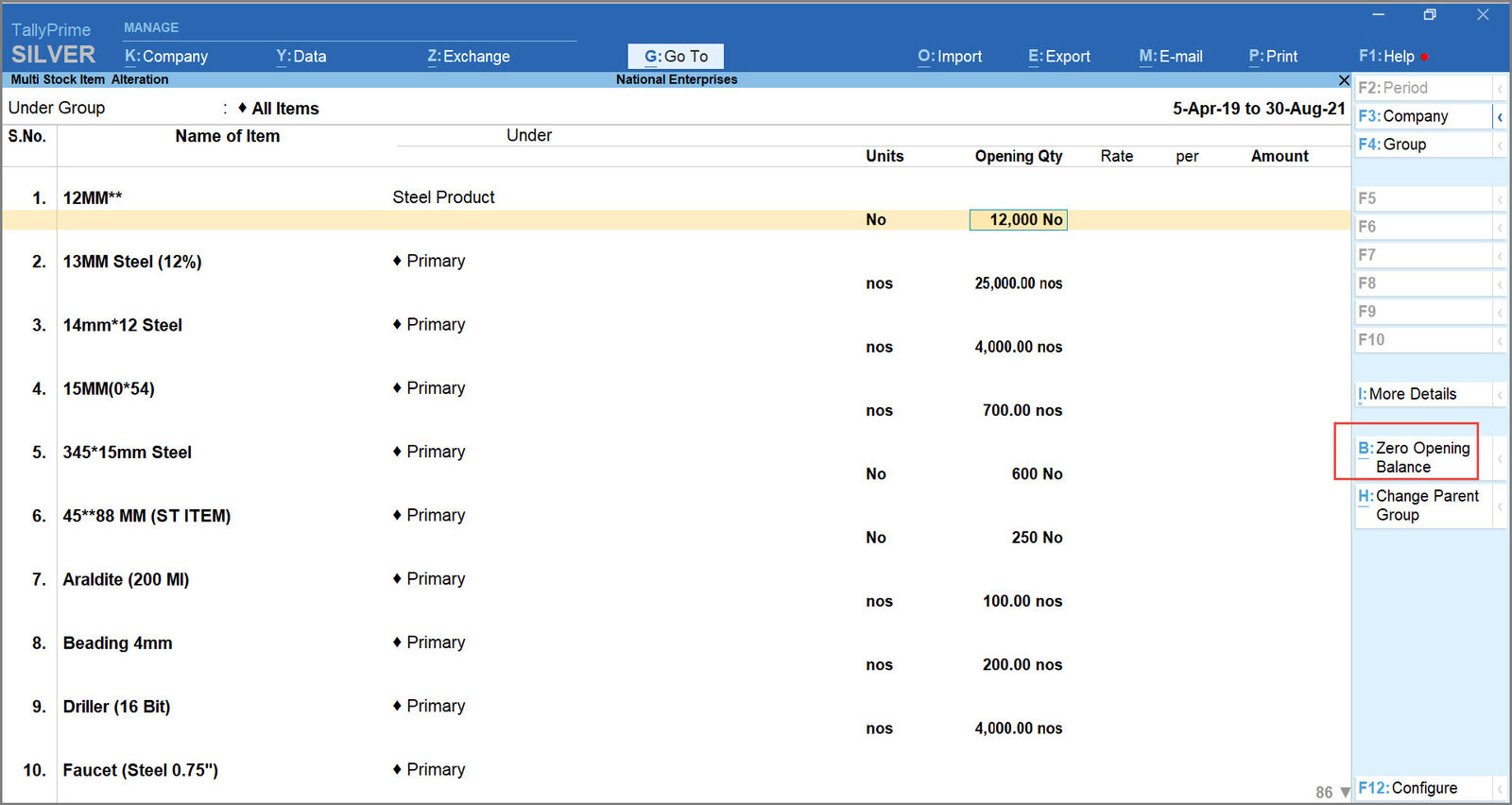 TallyPrime stock item masters with the configuration panel open